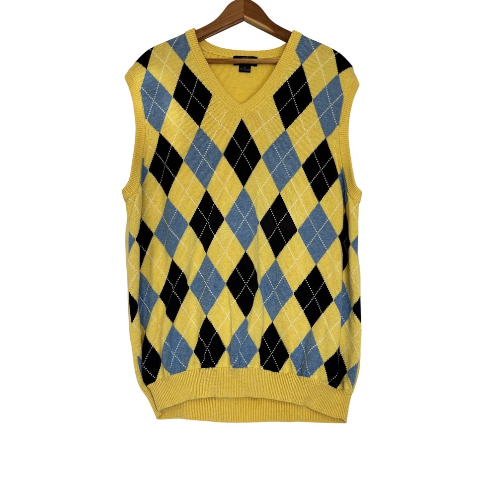 Brooks Brothers 346 Mens XL Yellow Argyle Supima Cotton V-Neck‎ Sweater Vest